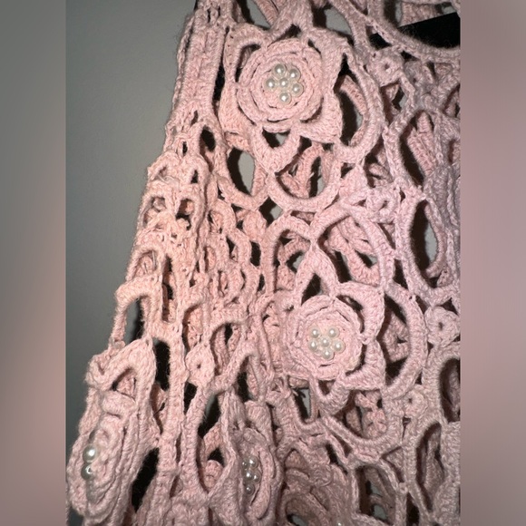 Vintage 80’s Reference Point Pastel Pink Crochet Floral Pearl Cotton Cardigan - Picture 3 of 7